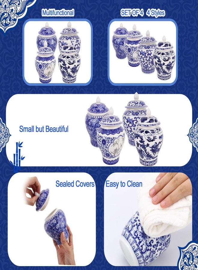 BUWUSMU Set of 4 Small Blue and White Porcelain Vases, Chinoiserie Vase Decor Porcelain Ginger Jars for Home Decor, Bedroom, Living Room, Console Tabletop Decor, Table Accent Shelf(Classical) - Image 3